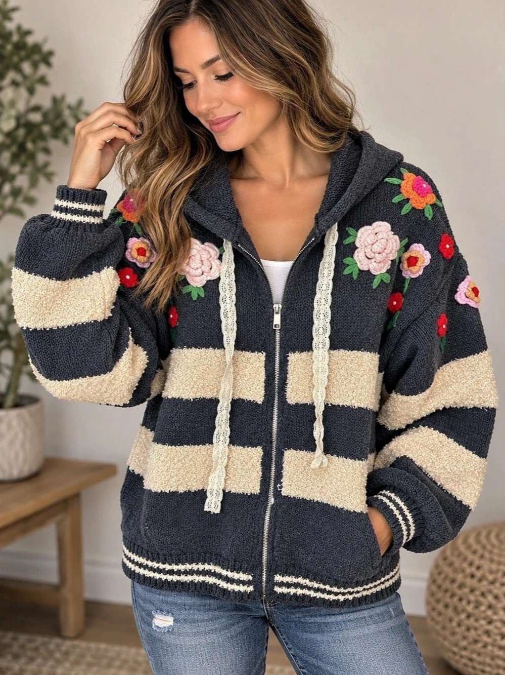 873. Boho 3D Crochet Flower Chunky Knit Zip Up Hoodie Sweater